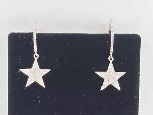 14k White Gold w/ Diamonds Star Drop Dangle Earrings - Picture 1 of 7