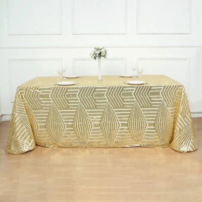 90"x132" GOLD Tulle Rectangular TABLECLOTH Sequins Geometric Pattern Events - Image 1 of 4
