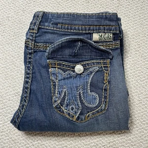 MEK Denim Napa Easy Boot Cut Jeans Mens 31x32 Blue Distressed Embroidered Pocket - Picture 1 of 9