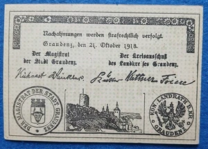 08 108 Notgeld Stadt- und Landkreis Graudenz (Grudziądz) 10 Mark, 21.10.1918, KN - Picture 1 of 2
