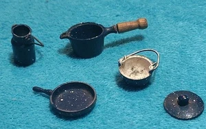 VTG 5pc Cast Iron Blue Speckle Miniature Skillet Cauldron Pot Kettle Doll House - Picture 1 of 11