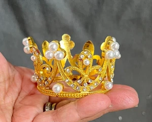 Gold Tone & Faux Pearls Mini CROWN Princess or for Angels Santos Dolls - Picture 1 of 5