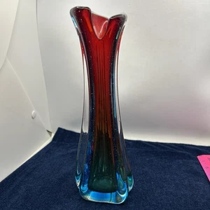Jarrón vintage de cristal de Murano azul carmesí verano So Wave 10" MCM decoración del hogar - Imagen 1 de 16