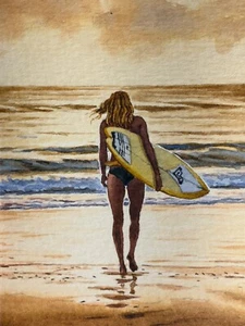 Aquarell Gemälde Ozean Surfer Surfbrett Sport Sonnenuntergang Strand ACEO Nr.219 - Bild 1 von 2