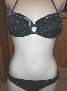 NEW 2 pc set Roxy Raisins sz small bikini swimsuit black bandeau polkadot - Picture 1 of 5