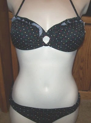 NEW 2 pc set Roxy Raisins sz small bikini swimsuit black bandeau polkadot - Image 1 of 4