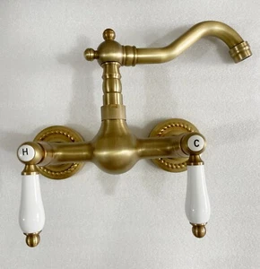 Antique Wall Mounted Faucet Brass Bathroom Kitchen Tap Swivel Ceramic Handle - Picture 1 of 10