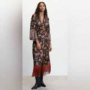 MNG Floral Kimono Maxi Dress with Fringe Hem, Belted, Size Small Boho Luxe - Picture 1 of 14