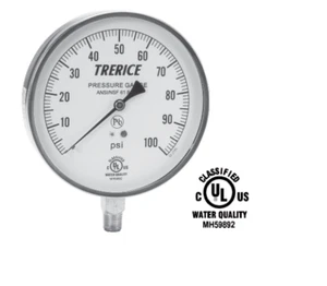 Stainless Steel Pressure Gauge, Lower Conn. 1/4" NPT 4.5"- Trerice (0-100 psi) - Picture 1 of 1