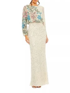 Mac Duggal 93850 Long Sleeve Beaded Fringe Minidress SZ 12 Nude Silver $598 - Picture 1 of 2