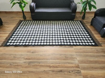 Handmade Wool Jute Checkard Rug Black White Kilim Rug South Western Decor Rug - Image 1 of 4