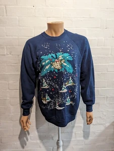 Bird Legs vtg Sweater Fruit of the Loom 90s Christmas Xmas Forest Navy Pullover - Picture 1 of 8