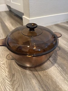 Corning Visionware Pyrex Forno Olandese 5 QT 4,5 L Vetro Ambrato Stock Pentola Coperchio Girarrosto - Foto 1 di 6