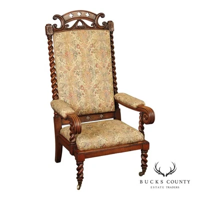 Antigua silla de trono de roble tallada torcida cebada renacimiento gótico Foto 1 de 4