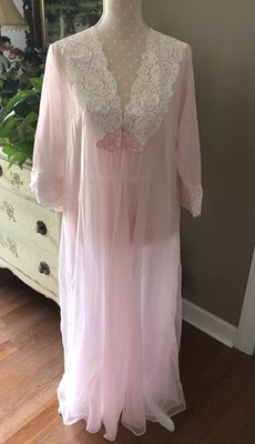 Vintage Robe Nylon & Lace Long Sheer Pink Gilead Womens 36 Beautiful! USA - Image 1 of 4