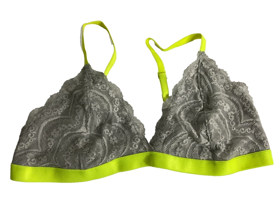Sujetador para mujer EXPRESS One-Eleven suave de encaje forrado en triángulo gris y lima bralette M Foto 1 de 4