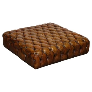 STUNNING LARGE HAND DYED BROWN LEATHER CHESTERFIELD FOOTSTOOL OTTOMAN - Picture 1 of 15