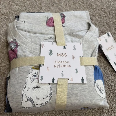 MARKS & SPENCER M&S Pyjamas Pure Cotton Cat Print Grey Pyjama Set Age 11-12 Years Pjs Gift Set