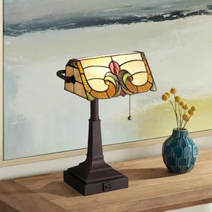 Traditional Piano Banker Desk Table Lamp 17" Outlet Bronze Tiffany Glass Bedroom - Picture 1 of 10