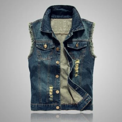 Gilet homme jean vestes sans manches déchiré denim gilet camionneur manteau vieilli - Photo 1/4