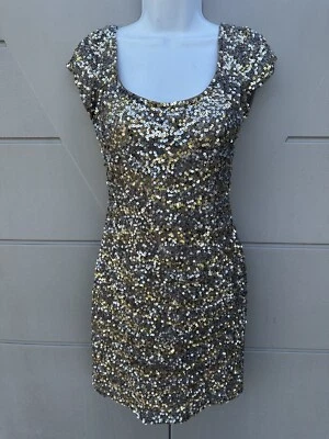 Scala Y2K Gold All Over Sequins Silk V-neck Shelf Bra Mini Cocktail Dress Sz 4 - Image 1 of 4