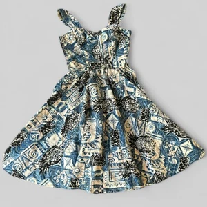 Vintage 1950s Royal Hawaiian Navy and White Pineapples Hawaiian Dress XS S - Picture 1 of 24