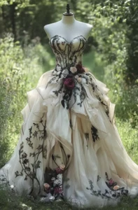 Medieval Vintage Wedding Dresses Lace Tulle Applique 3D Flower Marriage Draped - Picture 1 of 5