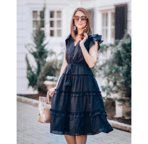 J. Crew Women’s Pom Pom Dress in Cotton Voile Black Midi Size 4 NWT - Picture 1 of 7