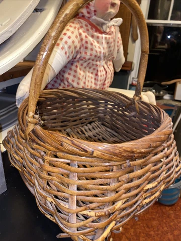 Vintage Woven Hanging Basket Square Base Round Top, Handle Gathering Basket Cover