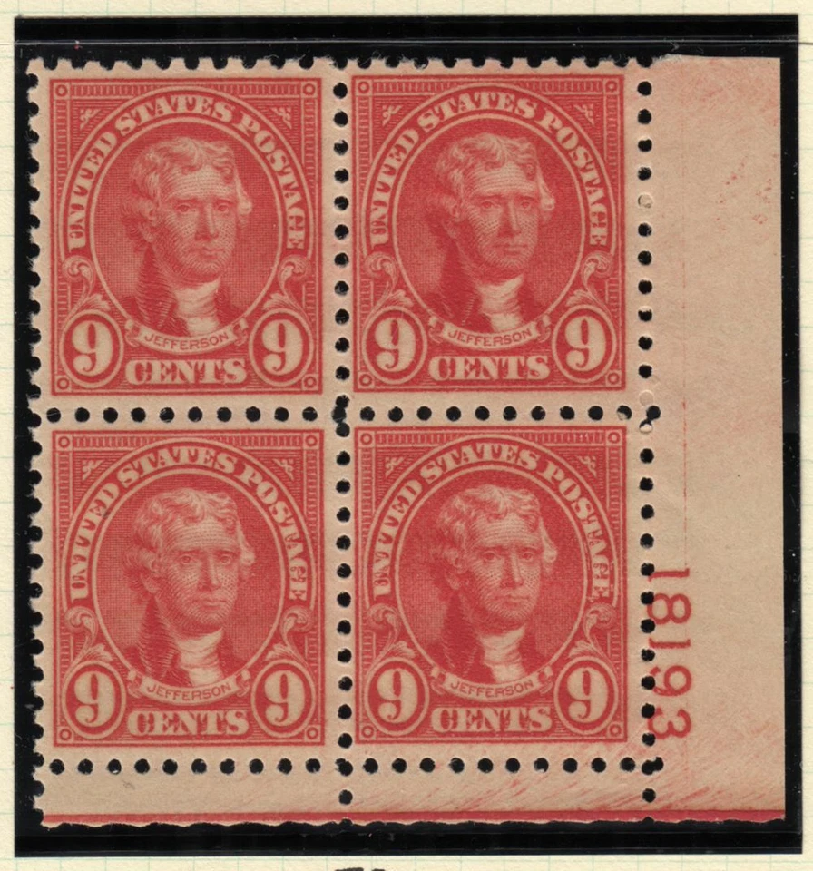 1926 Jefferson Sc 590 rose 9c MNH fresh full original gum, plate block of 4 - Image 1 of 1