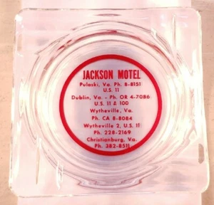 Cenicero de vidrio transparente vintage (1940) Jackson Motels VA.; antes de los códigos de área - Imagen 1 de 5