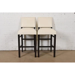 Ethan Allen Modern Mahogany and Leather Bar Stools, Pair - Picture 1 of 11