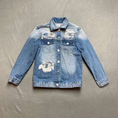 BKE Youth Denim Shacket Jacket Size Medium Blue Button Front Distressed Patches - Image 1 of 4