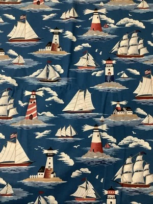 Nautical Lighthouse Cotton Fabric Ships Ocean Boats Blue 4 Yards x 45” W Vintage - Image 1 of 3