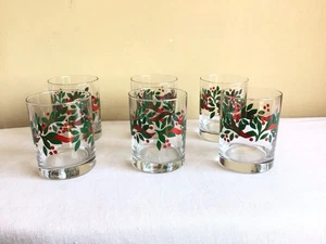 Vtg Lot Of 6 Crate And Barrel Christmas Hoiday Holly Lowball Drinking Glasses - Picture 1 of 6