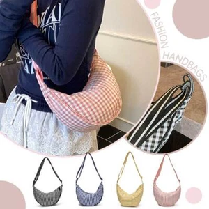 Checkered Nylon Crescent Hobos Shoulder Purse for Women Casual Crossbody Purse - Picture 1 of 22