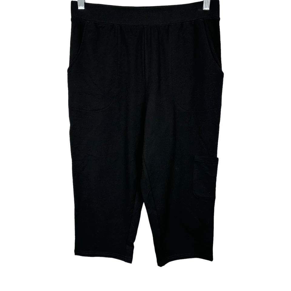 Pantalones capri cargo de felpa francesa activa Denim & Co. negros lisos talla pequeña para mujer Foto 1 de 2