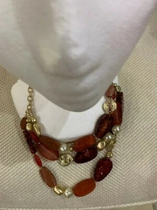 CHICO'S Necklace Chunky Beads Rust; PEARL  Gold Tone Earth Tone Multi Strand nwt - Picture 1 of 7