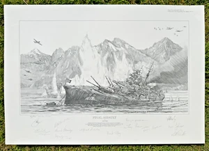 WW2 BATTLESHIP TIRPITZ "FINAL ASSAULT" GRAPHITE DRAWING SIGNED BY 617 AIRCREW - Picture 1 of 5