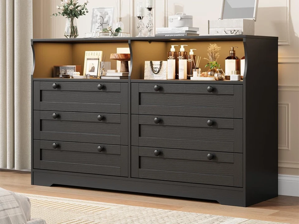 Cómoda grande de madera 6 cajones tocador soporte de TV con toma de corriente y luz LED Foto 1 de 4