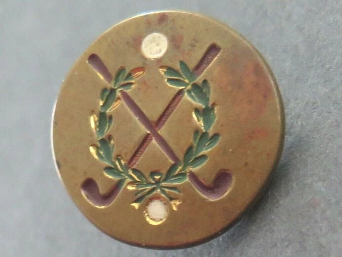 Antique Brass Golf Themed Button - Crossed Clubs, Balls an Wreath, Backmark Cover