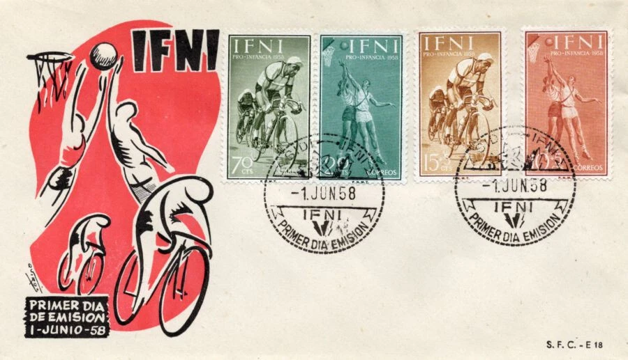 España Español IFNI Tema Deportes BICICLETA Baloncesto FDC Cubierta 1958 Foto 1 de 1