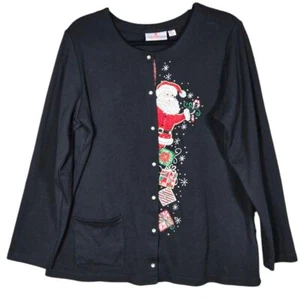 Quacker Factory Cardigan Womens Large Christmas Santa Rhinestones Embroidered - Picture 1 of 8