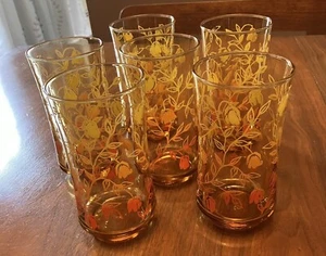 VTG 6 Libbey Curved Drinking Glass Tumbler Amber Floral Ombré Pattern 6.5" 10oz - Picture 1 of 8