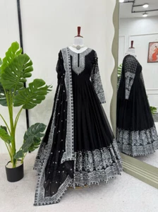 Fancy Designer Faux Georgette Black Gown With Dupatta For Women & Girls - Picture 1 of 8