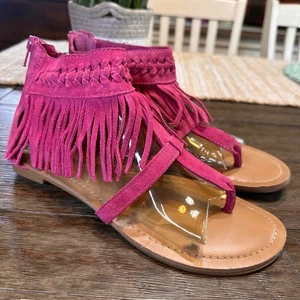 Sandalias Minnetonka Cuero Flecos Cuero Tanga Superior Cremallera Rosa Talla 8 - Imagen 1 de 12