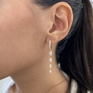 Diamond Earrings Hoop Marquise & Round 2 Ct E-F VS1 Lab created 14k Yellow Gold - Picture 1 of 7