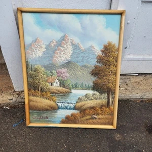 Vintage Signed Campbell Oil Board Painting 16" x 19" Framed Landscape Mountain - Picture 1 of 11