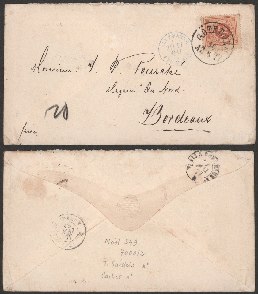 Suecia 1877 - Cubierta Gotemburgo a Burdeos Francia - ERQ. Paris D507 Foto 1 de 1