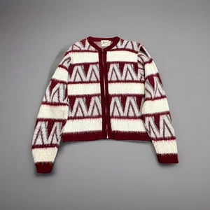 VTG Barclay 60s Mohair/Lambswool Fuzzy Burgundy Striped Knit Cardigan Sweater - Picture 1 of 4